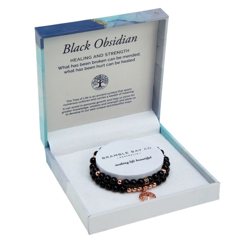 Tree of Life Duo Bracelet Set - Black Obsidian Rose Gold