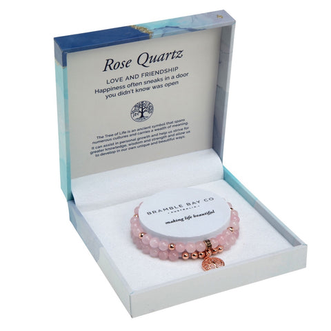 Tree of Life Duo Bracelet Set - Rose Quartz Gold