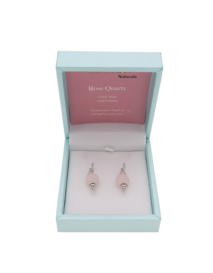 Rose Quartz Drop Earrings 10mm Bead on Rhodium Plated Silver Hooks