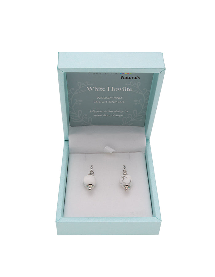 White Howlite Drop Earrings 10mm Bead on Rhodium Plated Silver Hooks