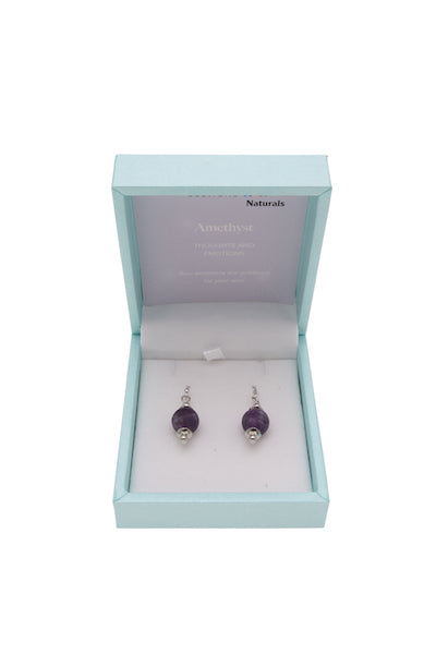 Amethyst Drop Earrings 10mm Bead on Rhodium Plated Silver Hooks